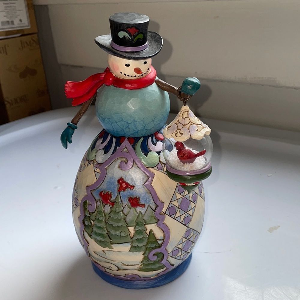 Jim Shore 2011 Winters Beauty Snowman Holding Cardinal in glass globe figurine